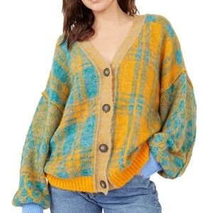Free People Yellow and Blue Plaid Cardigan